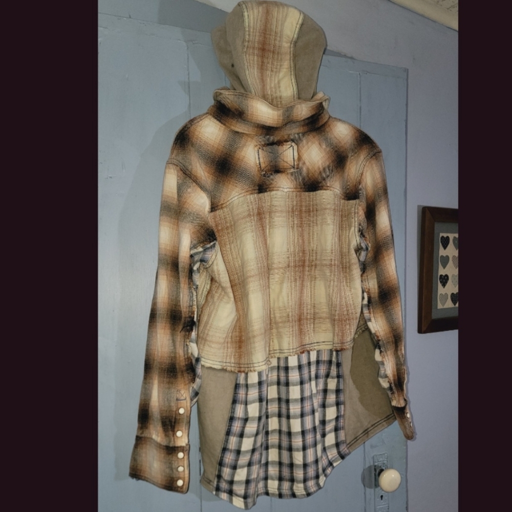 We The Free People BLUE RIDGE Mixed Plaid + Media Hoodie Hooded Jacket Shacket - Picture 8 of 16